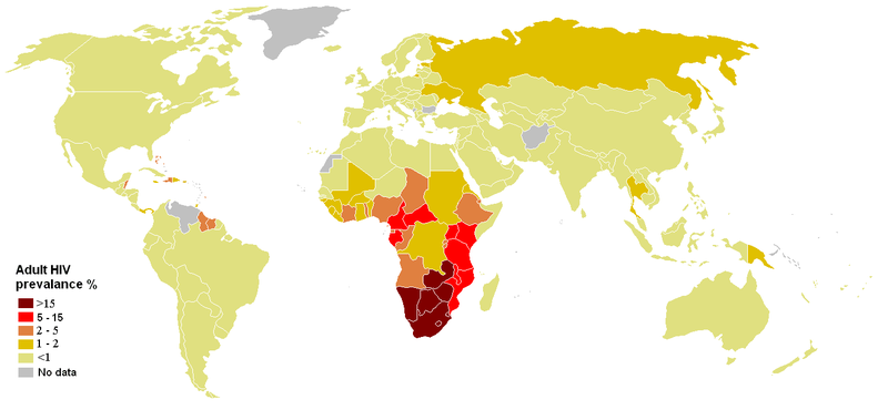 Prevalencia estimada del VIH/SIDA entre los adultos jóvenes (15 a 49 años) por país en 2008.