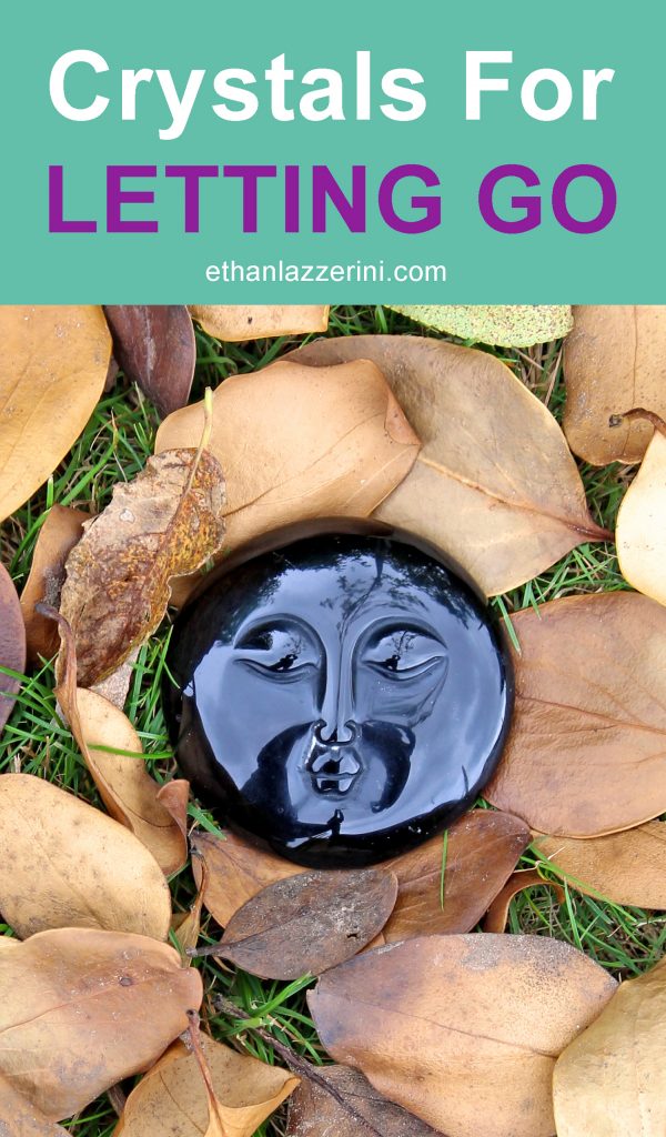 Cristales para dejar ir - Cara de luna de obsidiana negra con hojas de otoño