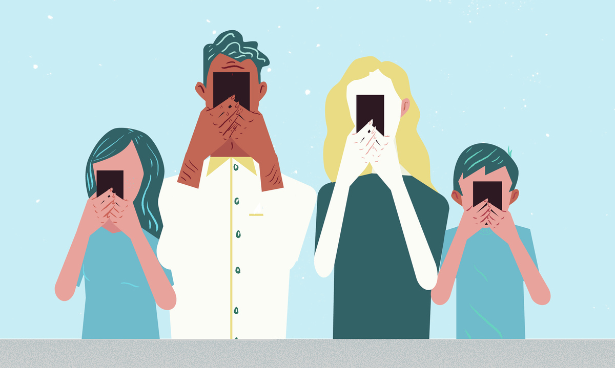 Ilustración de jóvenes sosteniendo sus teléfonos celulares en la cara